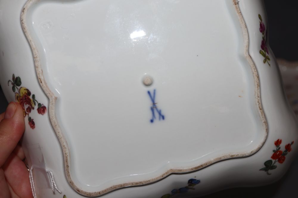 A late Meissen rectangular dish, a Meissen style square dish and a French porcelain tray (3)